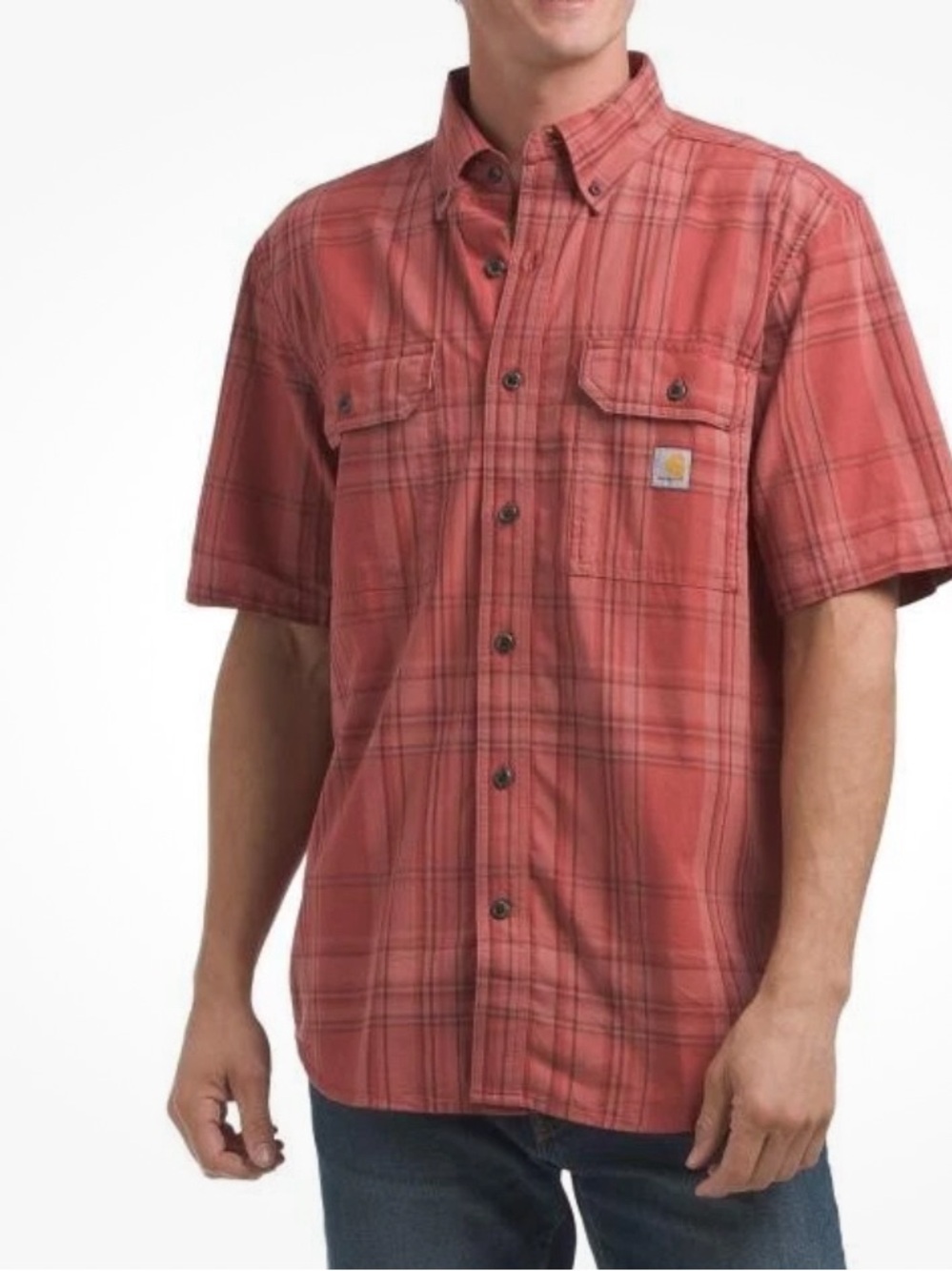 Carhartt Men's Short-Sleeve Plaid Button-Down Shirt Rust Red L Durable Comfort